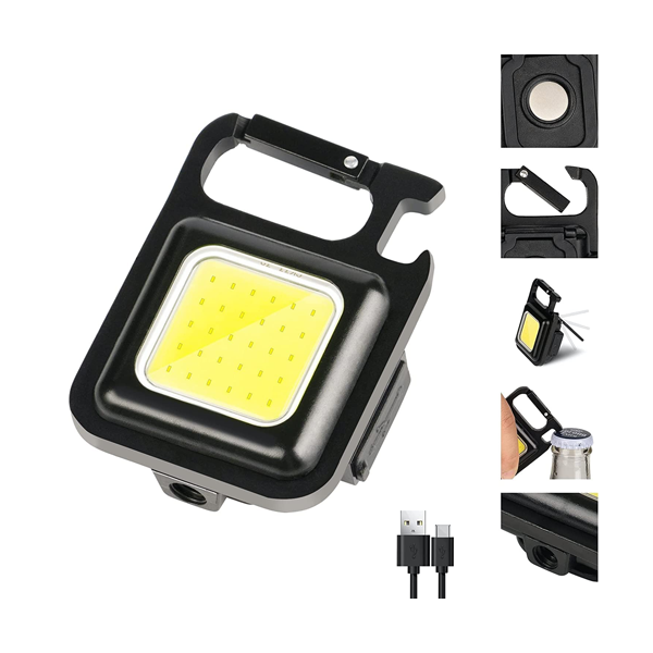 Multifunction Keychain Led Light with Bottle Opener, Magnetic Base and Folding Bracket Mini Cob 500 lumens Rechargeable Multifunctional Keychain Emergency Light Keychain
