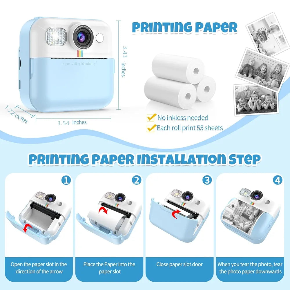 Kids Camera, Portable Toddler Blueprint Camera Toy 1080P Camcorder for Kids Instant Print Camera with 3 Prints Paper & 32G Card Christmas Birthday Gift