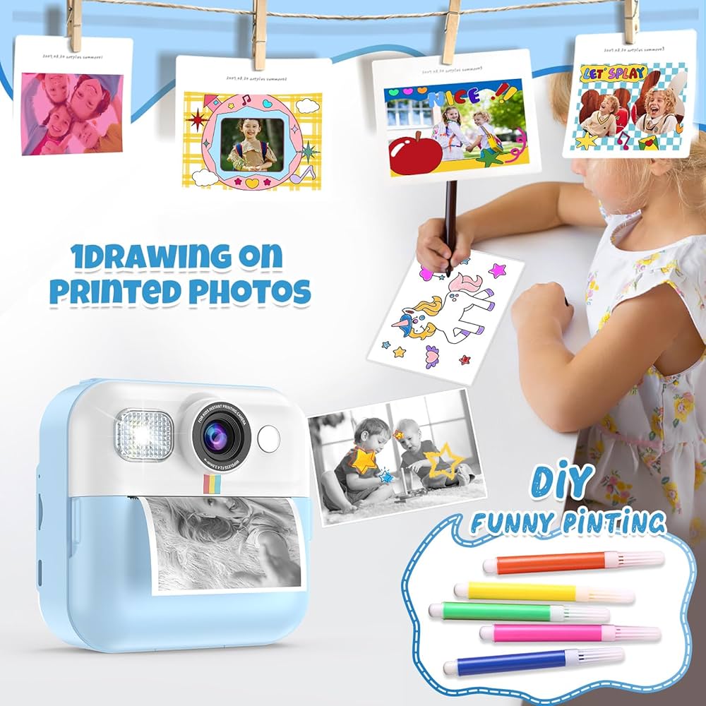 Kids Camera, Portable Toddler Blueprint Camera Toy 1080P Camcorder for Kids Instant Print Camera with 3 Prints Paper & 32G Card Christmas Birthday Gift