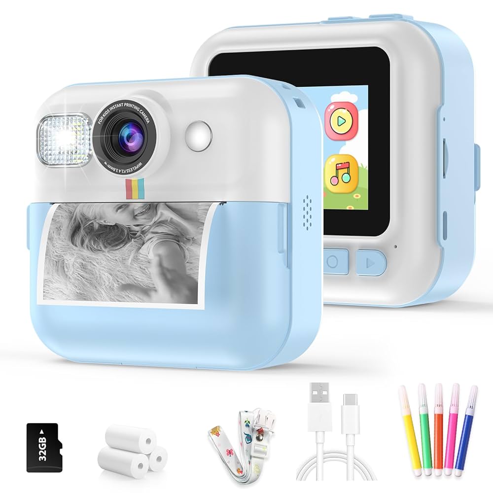 Kids Camera, Portable Toddler Blueprint Camera Toy 1080P Camcorder for Kids Instant Print Camera with 3 Prints Paper & 32G Card Christmas Birthday Gift