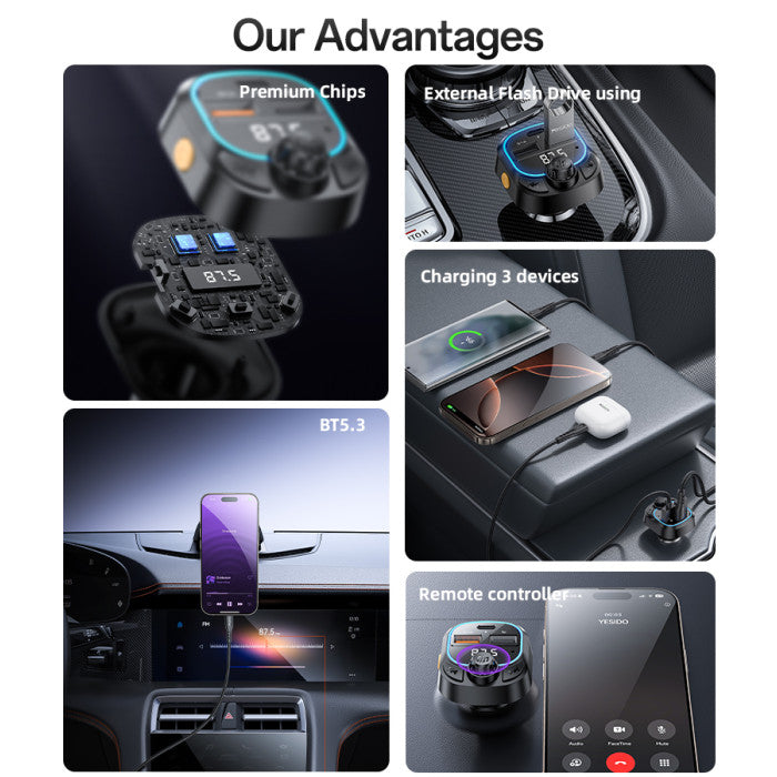 Yesido Y70 BT5.3 Support Charging 3 Devices l BT & FM Transmittor Car Charger
