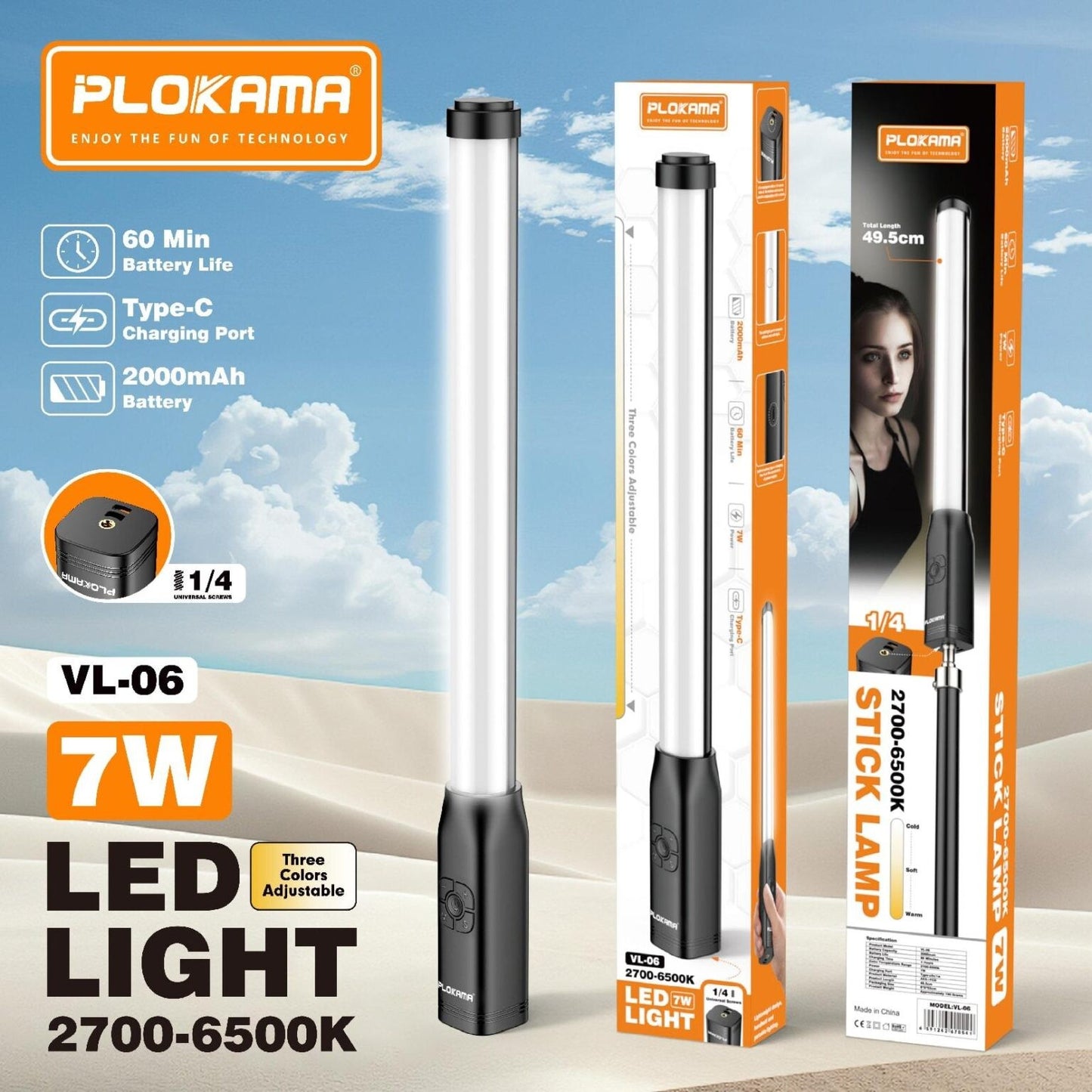 Plokama VL‑06 Pro, Lampe Stick LED RVB portable 7 W 2700‑6500 K • 2000 mAh