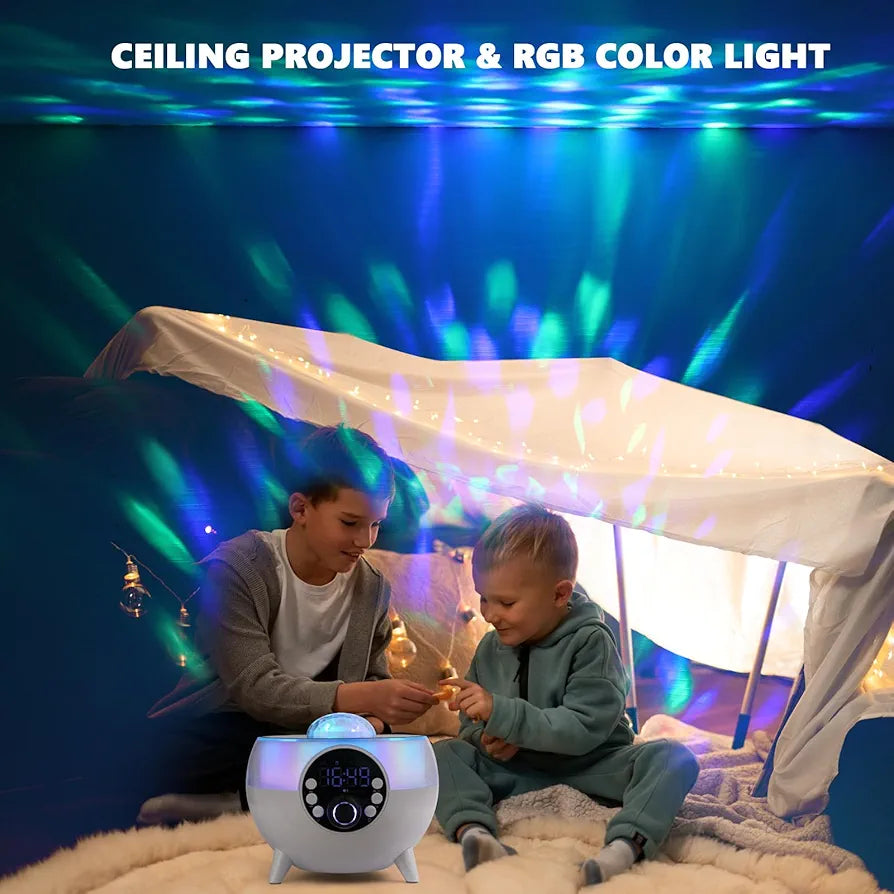 4-in-1 Multi-Function Night Light with Bluetooth Speaker, 15W Wireless Charging, RGB Ceiling Projector, Digital Clock Display