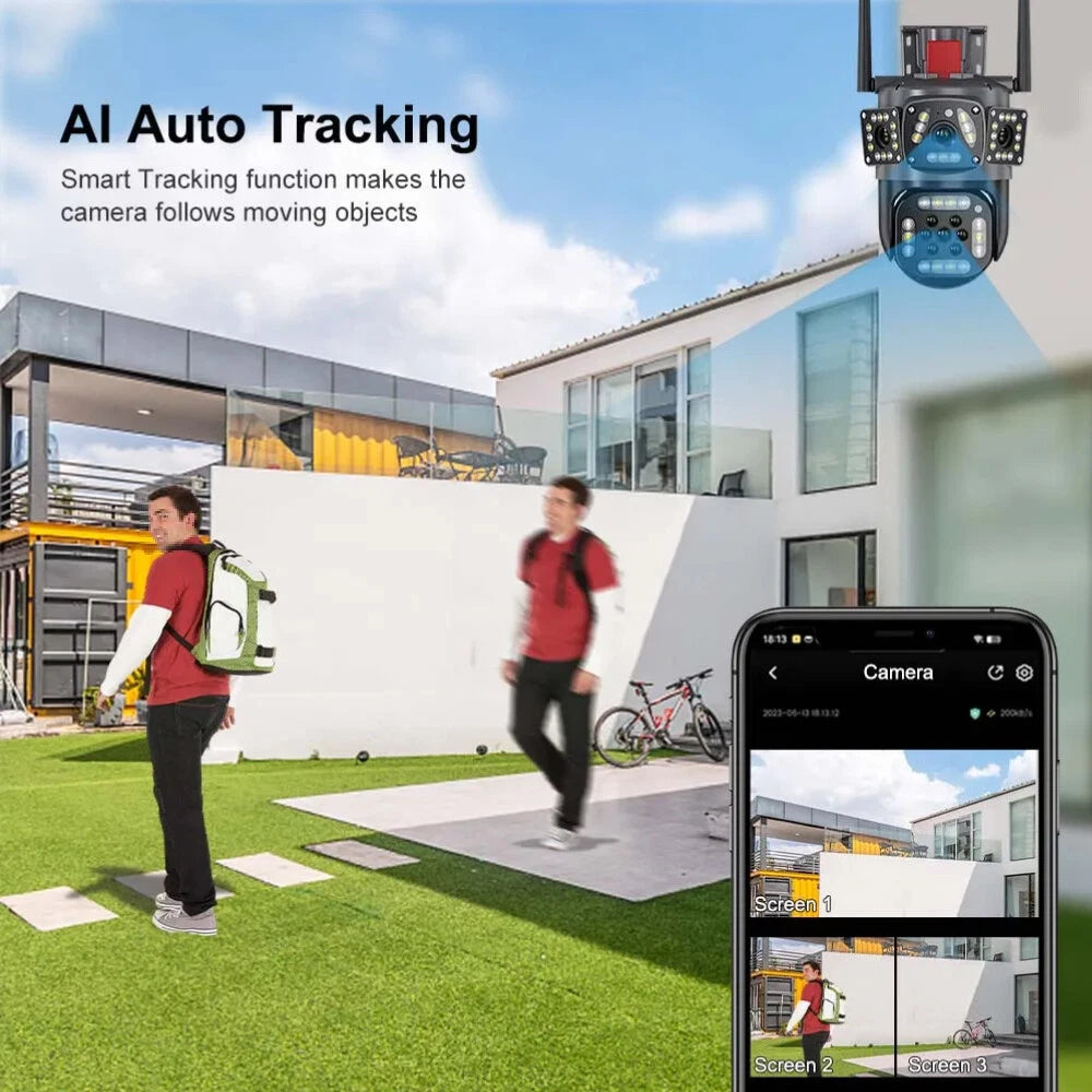 12MP 6K WIFI IP Outdoor Cameras 3-Lens Three Screen Camera PTZ CCTV 8X Zoom