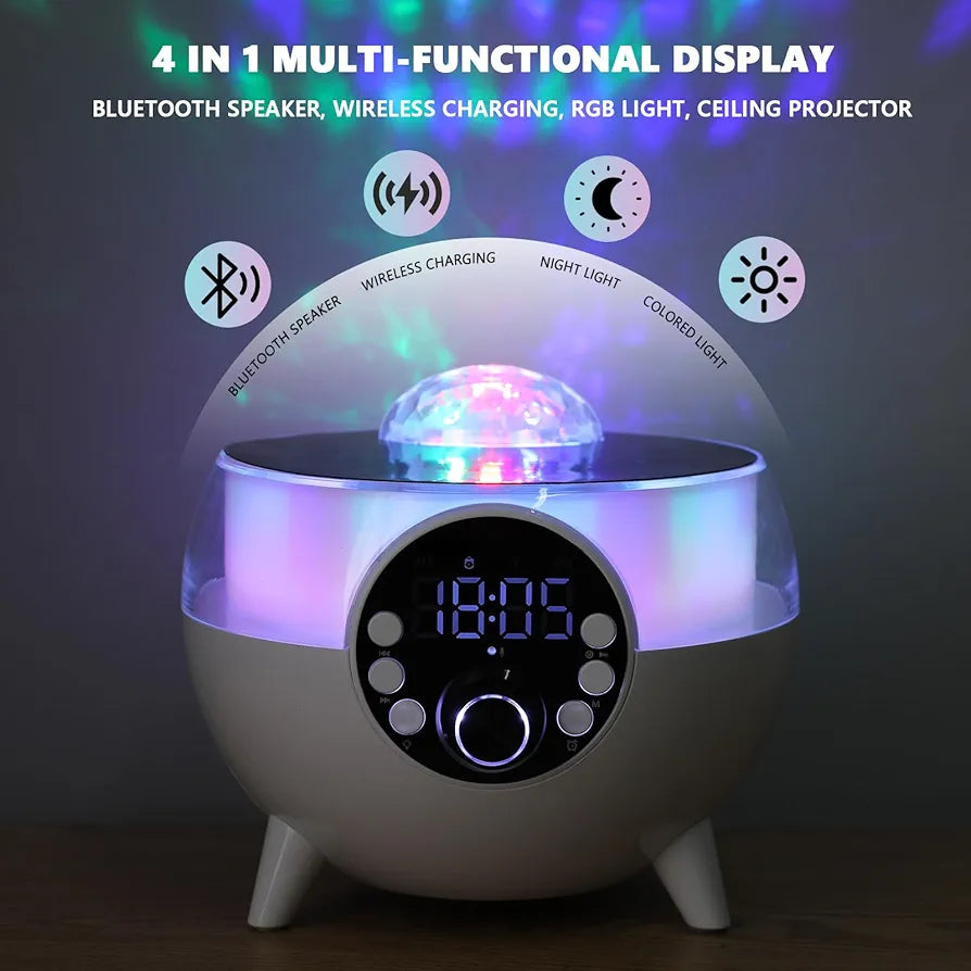 4-in-1 Multi-Function Night Light with Bluetooth Speaker, 15W Wireless Charging, RGB Ceiling Projector, Digital Clock Display