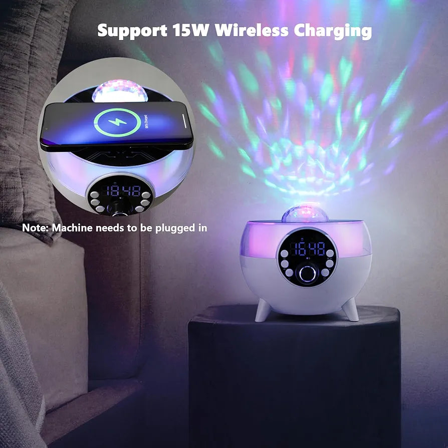 4-in-1 Multi-Function Night Light with Bluetooth Speaker, 15W Wireless Charging, RGB Ceiling Projector, Digital Clock Display