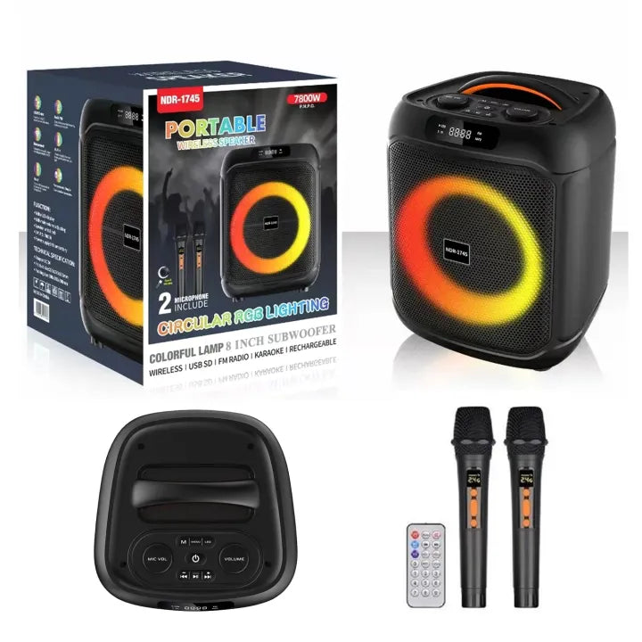 NDR-1745 8" Supper Bass Portable Wireless Bluetooth Speaker with 2 Rechargable Wireless Mic RGB Light