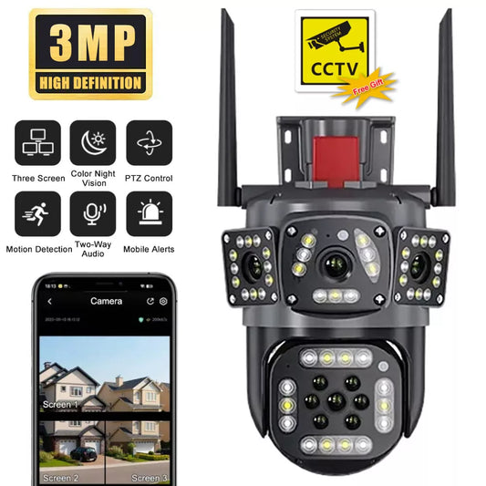 12MP 6K WIFI IP Outdoor Cameras 3-Lens Three Screen Camera PTZ CCTV 8X Zoom