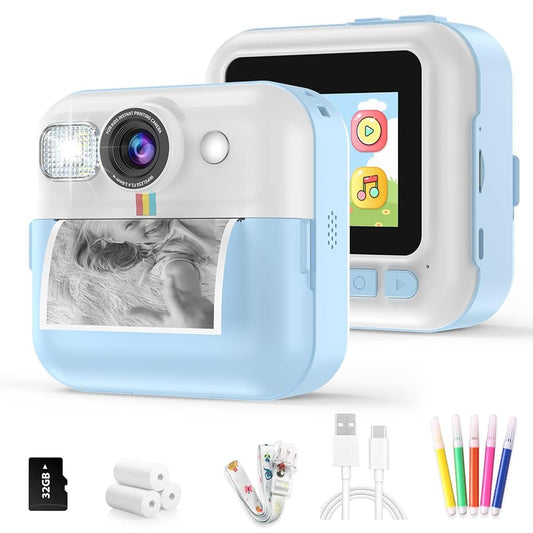 Kids Camera, Portable Toddler Blueprint Camera Toy 1080P Camcorder for Kids Instant Print Camera with 3 Prints Paper & 32G Card Christmas Birthday Gift