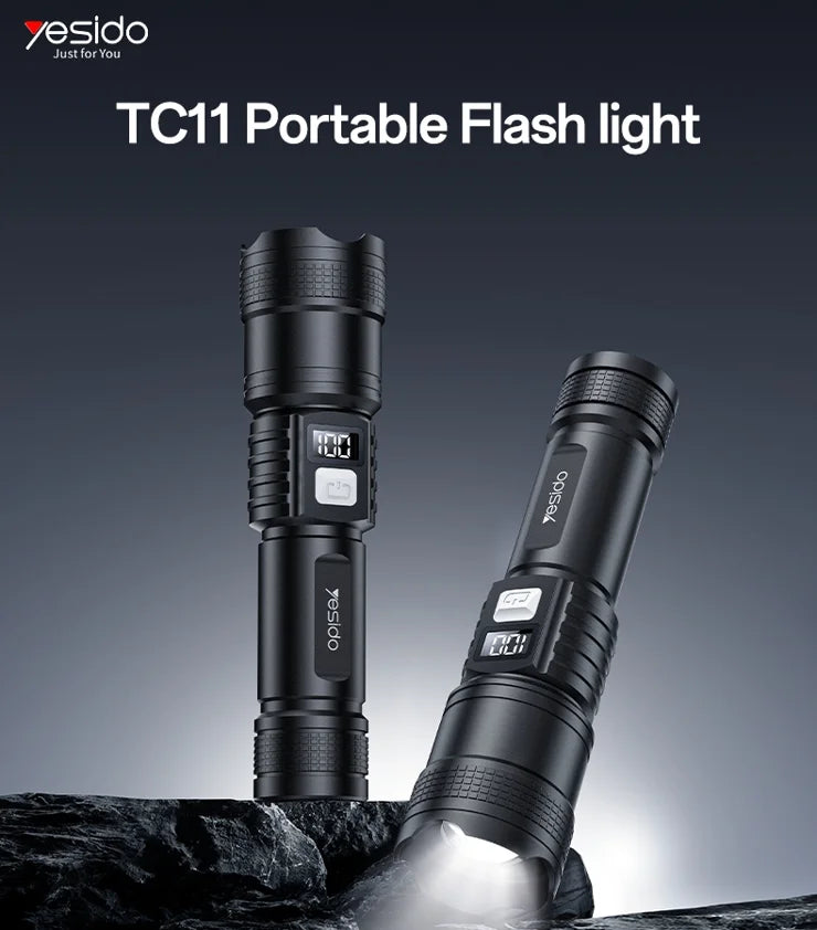 YESIDO TC11 Telescopic Zoomable Flashlight LED White Laser 3 Modes Rechargeable Torch with Digital Display