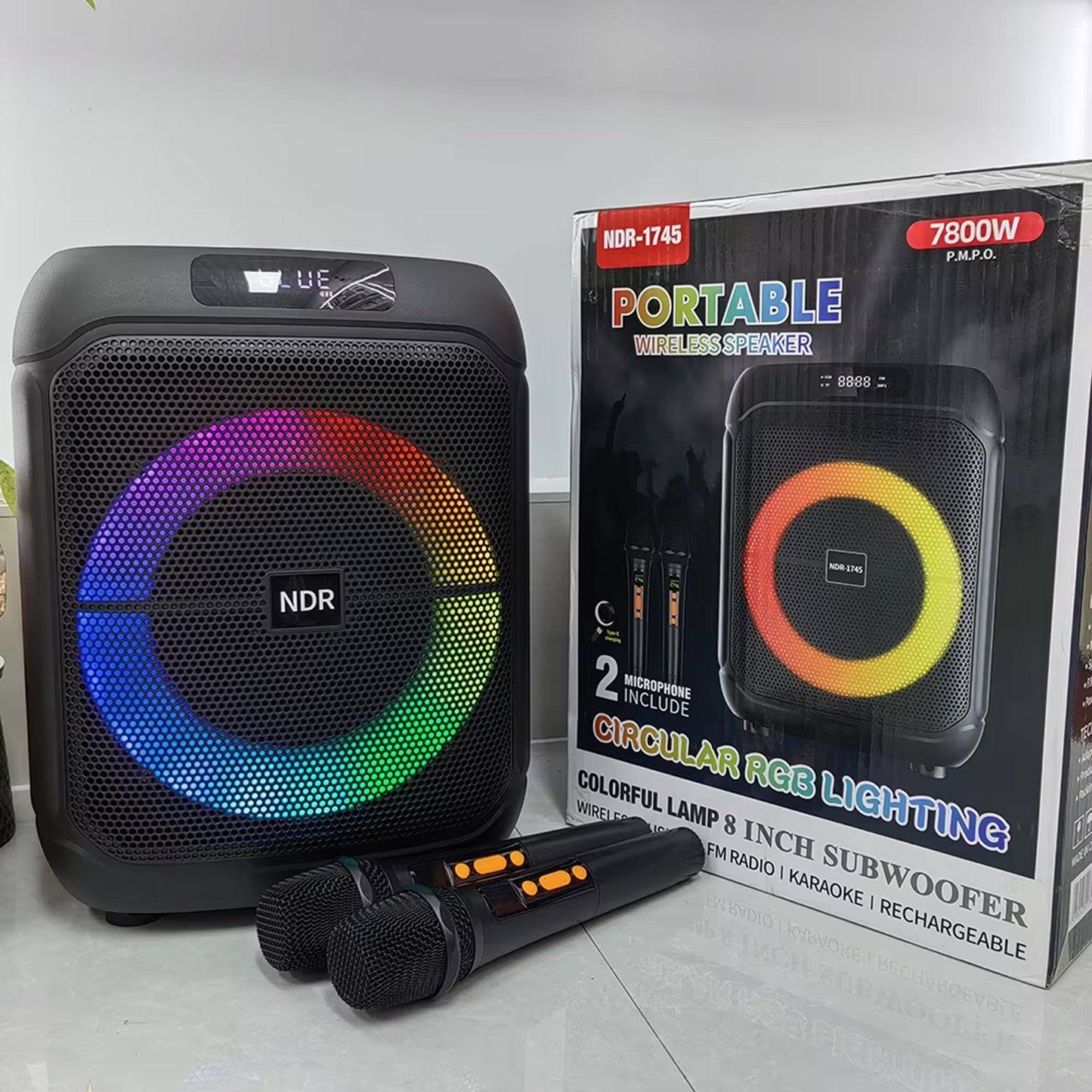 NDR-1745 8" Supper Bass Portable Wireless Bluetooth Speaker with 2 Rechargable Wireless Mic RGB Light
