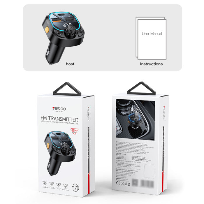 Yesido Y70 BT5.3 Support Charging 3 Devices l BT & FM Transmittor Car Charger